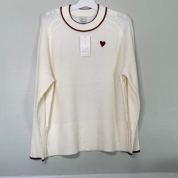 A New Day Romantic Long Sleeve Crewneck Sweater Red Heart Sizes XS, S. M Cream - Picture 2 of 8